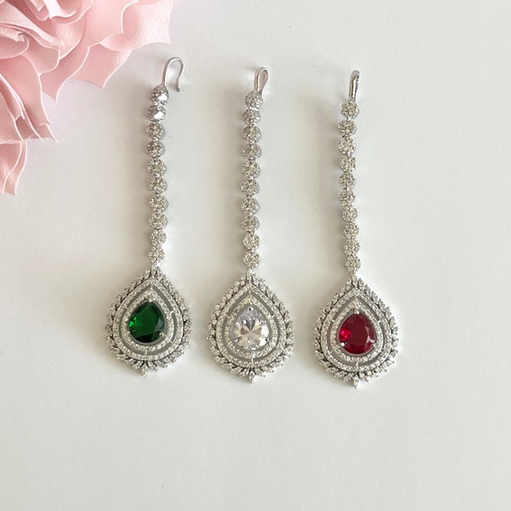 Silver Tone Maang Tikka Headpiece Cubic Zirconia Red Stone Indian Bridal Jewelry Silver Maang Tikka for Bride, Ruby Red CZ Headpiece, Indian  main image 2