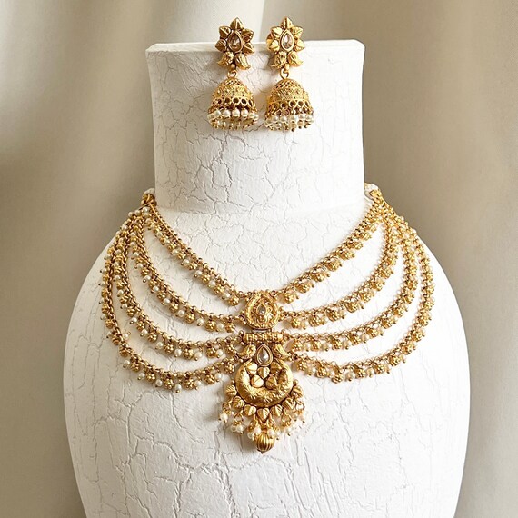 Crunchy Fashion Bollywood Grey & Gold Pearl Necklace Set - Traditional Indian Wedding Jewelry - View #3