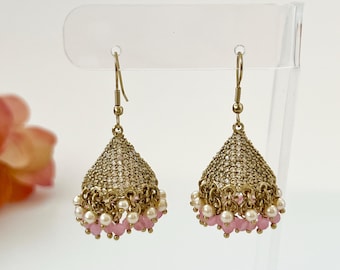 Antique Gold Diamond Jhumkas South Indian Earrings Indian Jewelry Temple Jhumkas Gold Pearl Earrings Bollywood Jewelry Stone Jhumka