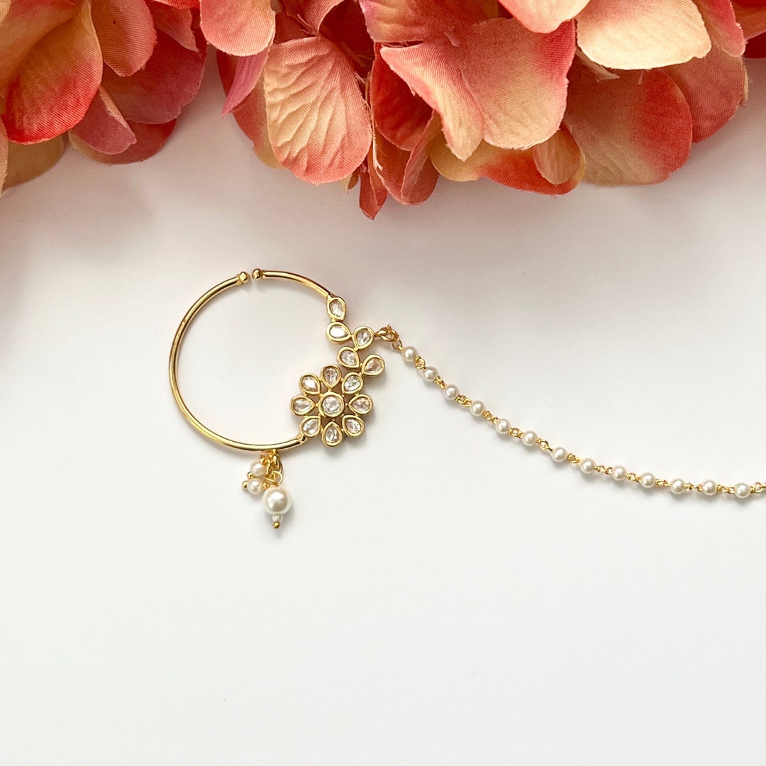 Kundan Pearl Indian Nose Ring Nath Clip on Bridal Wedding Nose Ring ...