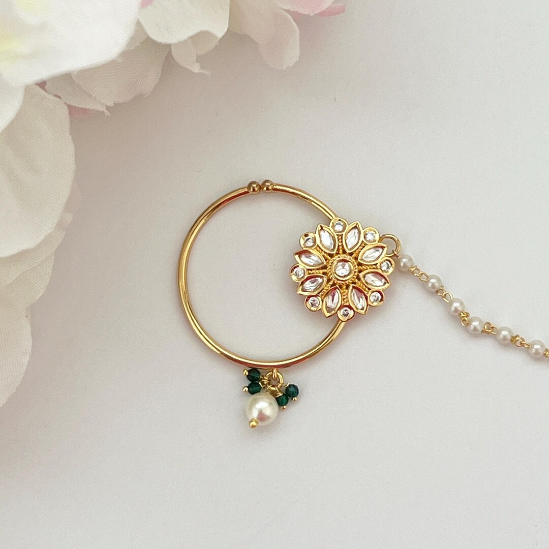 Kundan Pearl Indian Nose Ring Nath Clip on Bridal Wedding Nose Ring ...
