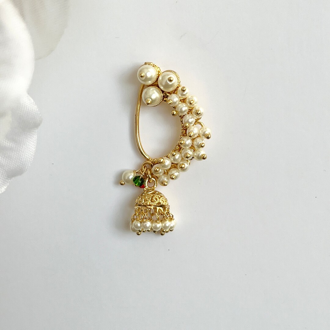 Jhumki Maharashtrian Pearl Clip On Indian Nose Ring Pearl Nath Bridal Jhumki Maharashtrian Pearl Clip On Indian Nose Ring Pearl Nath Bridal