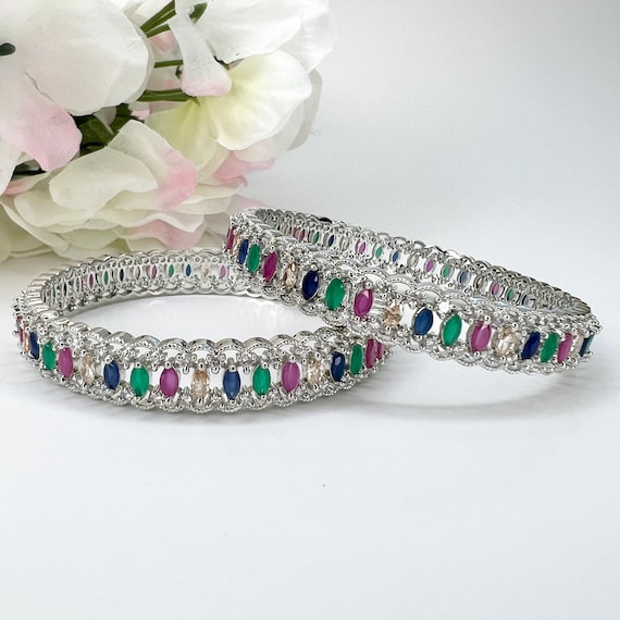 Silver American Diamond Multicolor Bangle Set CZ AD Bangles Bridal Wedding Bangles Bollywood Jewelry Silver Stone Bangles Indian Jewelry