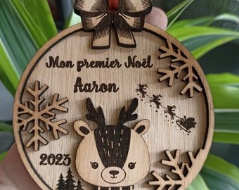 Boule de Noël personnalisée en bois, une décoration prénom gravure laser à accrocher sur le sapin, ornement 3d mon premier noel animal faon