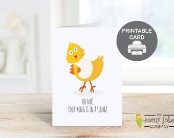Biglietto di auguri stampabile di pronta guarigione per frattura al braccio, al polso, alla spalla, al gomito o infortunio sportivo, intervento chirurgico alle ossa o alla sostituzione, divertente download digitale in formato PDF.