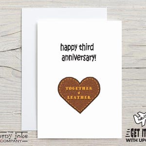 3rd Anniversary Card, Leather Anniversary Card, Funny 3 Year Anniversary Gift for Husband, him, Wife, her, a couple with Heart Patch Pun