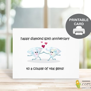 印刷可能な60周年記念カード、カップルや両親へのダイヤモンドの結婚記念日カード、60周年の結婚記念日を祝うかわいいダジャレギフト、PDF