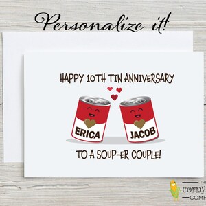 Tarjeta del décimo aniversario, tarjeta de aniversario en hojalata para una pareja con juego de palabras sobre sopa, divertido regalo de décimo aniversario con personalización opcional
