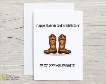 3rd Anniversary Card, Leather Anniversary Card, 3 Year Anniversary Gift for Husband, for Him; Funny, Cute Cowboy Pun Card for Wife, for her