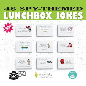 May include: A collection of 48 spy-themed lunchbox jokes on white cards. The cards feature illustrations and puns, such as "What shoes do spies wear? Sneakers." The product is from "The Corny Joke Company."