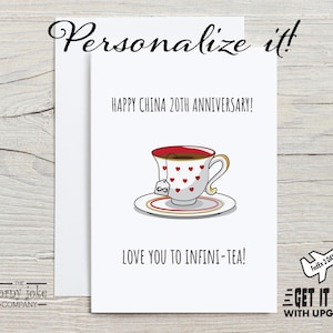 Tarjeta de aniversario número 20, tarjeta de aniversario de China, regalo de aniversario de 20 años con taza de té para esposo, él, esposa, ella con personalización opcional
