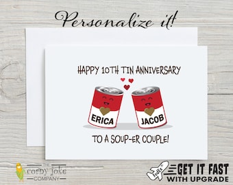 10th Anniversary Card, Tin 10 Year Personalized Gift for a Couple with Funny Soup Pun