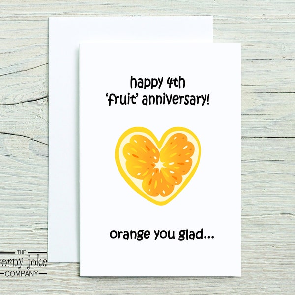 4th Anniversary Card • Funny Fourth Fruit Anniversary Card • 4 Year Anniversary Card • Four Years Pun Gift for Husband, Gift for Wife