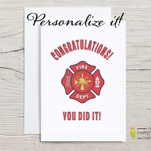 Carte de diplôme ou de promotion de pompier, cadeau de l'académie de formation en pompiers, cadeau de diplômé pour un nouveau pompier ou une nouvelle pompier avec personnalisation