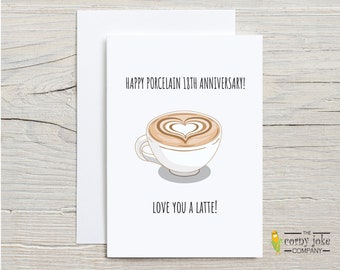 18th Anniversary Card, Porcelain Anniversary Card with Love you a Latte Pun, 18 Year Anniversary Gift for Husband, him, Gift for wife, her