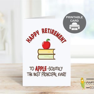 Carta di pensionamento del preside stampabile, carta di pensionamento felice con gioco di parole sulla mela, regalo divertente per il preside in pensione, arrivederci al miglior preside PDF