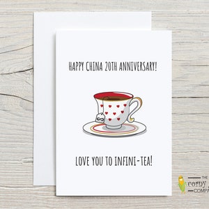 Cartão de 20º aniversário, cartão de aniversário da China com trocadilho com xícara de chá, presente engraçado de 20º aniversário para marido, para ele; presente para esposa, para ela