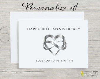 Carte de 10 ans, carte d'anniversaire en étain, cadeau de jeu de mots drôle de 10 ans pour mari, lui, femme, elle avec personnalisation facultative