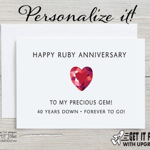 40th Anniversary Card for Husband or Wife, Funny Ruby 40 Year Gift, Cute Gem Pun