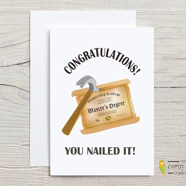 Masters Graduation Card, Masters Degree Graduate Card, Custom Funny Nailed It Masters Grad Gift with Optional Personalization