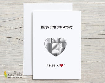 Carte de 11 ans, carte d'anniversaire en acier, carte d'anniversaire de 11 ans amusante avec jeu de mots coeur, cadeau pour mari, pour lui ; Cadeau pour femme, elle