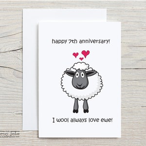 Biglietto di auguri per il 7° anniversario, biglietto di auguri per l'anniversario di lana, regalo per il 7° anniversario di matrimonio con divertente gioco di parole sulla lana di pecora, regalo carino per marito, lui, moglie, lei