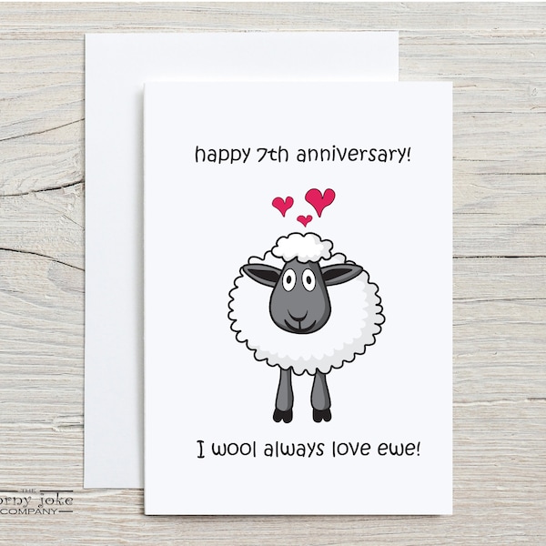 Funny 7th Wool Anniversary Card • Cute 7 Year Anniversary Card with Sheep Wool Pun • Gift for Husband, Boyfriend • Gift for Wife, Girlfriend