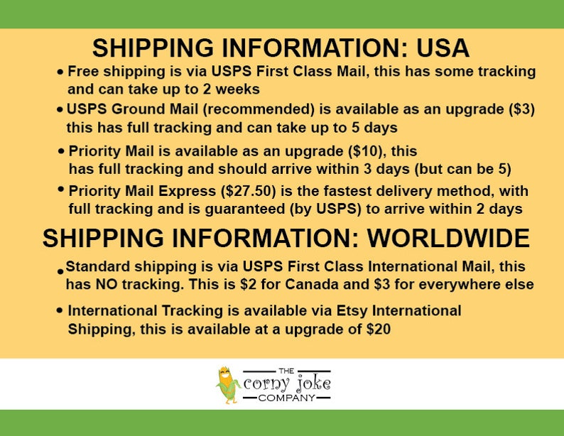 Shipping information from the Corny Joke Company