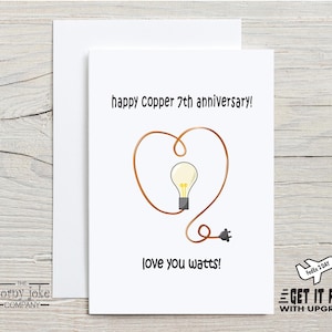 Tarjeta de séptimo aniversario, tarjeta de aniversario de cobre, regalo de séptimo aniversario para esposo o él; regalo divertido para esposa, ella o novia con un lindo juego de palabras.