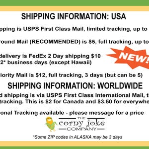Shipping information USA: 
Standard shipping is USPS First Class mail, allow 2 weeks
USPS Ground Mail (RECOMMENDED) is $5, full tracking, up to 5 days
Fastest delivery is FedEx 2 Day shipping $10 delivery 2 business days
USPS Priority Mail is $12, full tracking, 3 days (but can be 5)
Shipping information: Worldwide
Standard shipping is via USPS First Class International Mail, this has NO tracking. This is $2 for Canada, $3.50 for everywhere else
International tracking please message for details