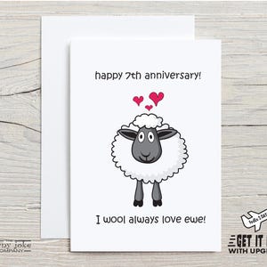 Biglietto di auguri per il 7° anniversario, biglietto di auguri in lana per l'anniversario di matrimonio, regalo per il 7° anniversario di matrimonio con divertente gioco di parole sulla pecora, regalo carino per marito, lui, moglie o lei