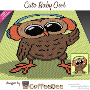 Cute Baby Owl graph for crochet (c2c, mini c2c, sc, hdc, dc, tss), cross stitch, knitting; PDF download, no counts/instructions