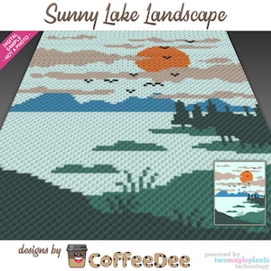 Peut inclure: Un modèle de crochet numérique pour un paysage de lac avec un coucher de soleil, des montagnes, des arbres et des oiseaux. Le modèle est conçu par CoffeeDee et alimenté par la technologie TwoMagicPixels.