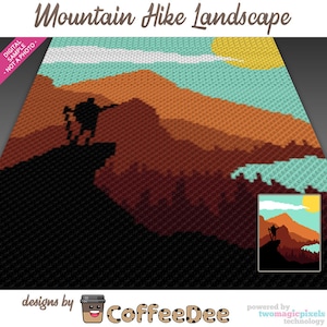 May include: A pixel art design of a mountain hike landscape with a hiker on a cliff overlooking a forest and a lake. The sky is blue with white clouds and a yellow sun. The design is in a pixelated style, with a color palette of brown, orange, green, blue, and yellow.