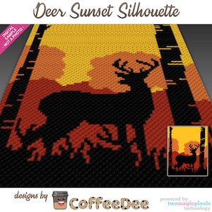 Diagram av silhuett av hjortsolnedgång för virkning (c2c, mini c2c, fm, hdc, dm, tss), korsstygn, stickning; PDF-nedladdning, inga räkningar/instruktioner