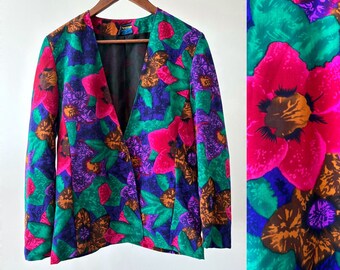 Veste blazer florale rétro psychédélique néon vintage des années 1980 avec motifs bleu vert Orange violet rose - taille moyenne