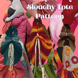 Op de afbeelding: Hooq'd On Qi Slouchy Tote Pattern. Een verzameling kleurrijke gehaakte tassen in verschillende stijlen en kleuren, waaronder groen, rood, oranje, geel, roze, bruin en beige.