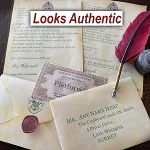 May include: A Hogwarts acceptance letter with a wax seal, a train ticket for Platform 9 3/4, and a quill pen with an inkwell. The letter is addressed to "MR. ANY NAME HERE The Cupboard under the Stairs, 4 Privet Drive, Little Whinging, SURREY".