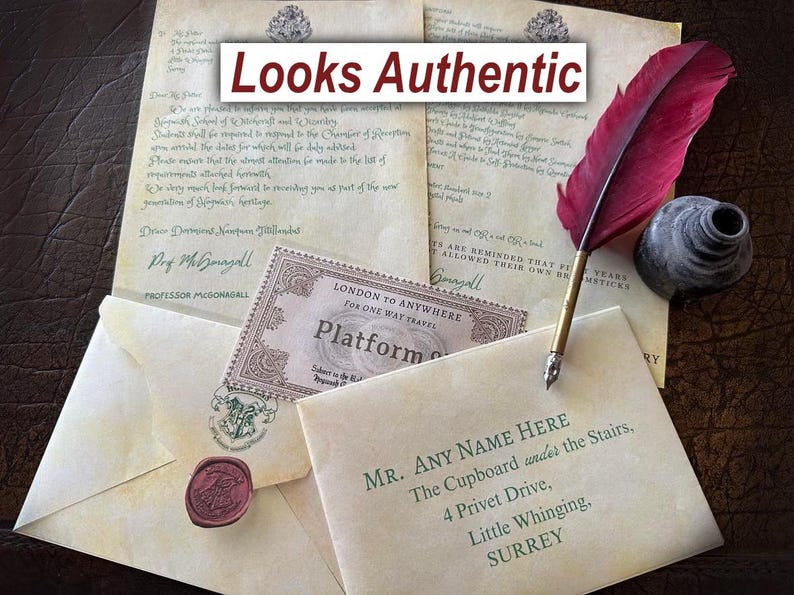 May include: A Hogwarts acceptance letter with a wax seal, a train ticket for Platform 9 3/4, and a quill pen with an inkwell. The letter is addressed to "MR. ANY NAME HERE The Cupboard under the Stairs, 4 Privet Drive, Little Whinging, SURREY".