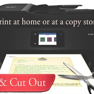 May include: A black and white printer with a white paper sheet on top. The paper sheet has a printed letter with the text "Craft & Wizardry" and a pair of silver scissors are on top of the paper. The text "Print at home or at a copy store." is above the printer. The text "Print & Cut Out" is below the printer.