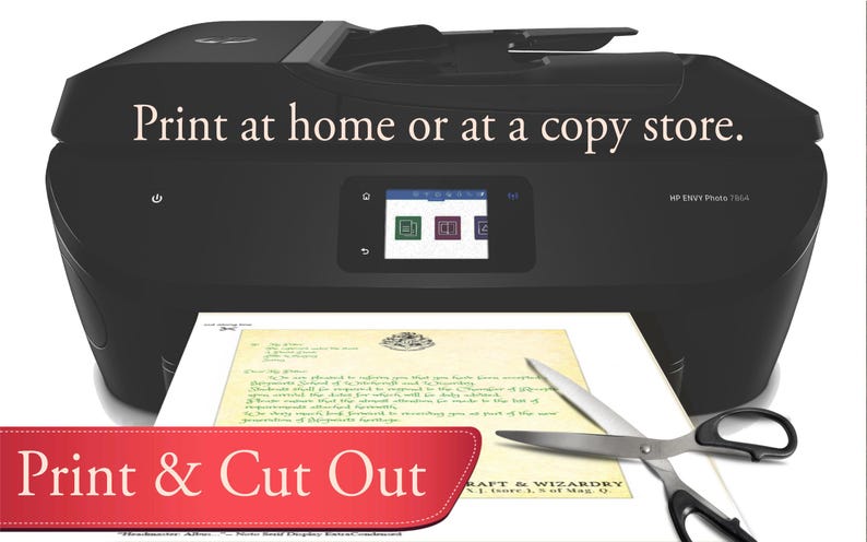 May include: A black and white printer with a white paper sheet on top. The paper sheet has a printed letter with the text "Craft & Wizardry" and a pair of silver scissors are on top of the paper. The text "Print at home or at a copy store." is above the printer. The text "Print & Cut Out" is below the printer.