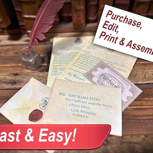 May include: A printable Harry Potter-themed letter set with a wax seal, envelope, and a ticket for Platform 9 3/4. The text on the ticket reads "London to Anywhere for 10s and under". The text on the letter reads "Mr. Any Name Here, The Cupboard under the Stairs, 4 Privet Drive, Little Whinging, Surrey". The text on the white card reads "Purchase, Edit, Print & Assemble".