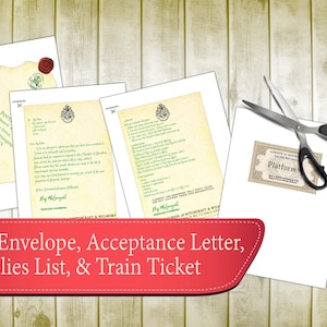 May include: Printable set of Harry Potter themed stationery, including an envelope, acceptance letter, supplies list, and train ticket. The papers are aged and have a vintage look.