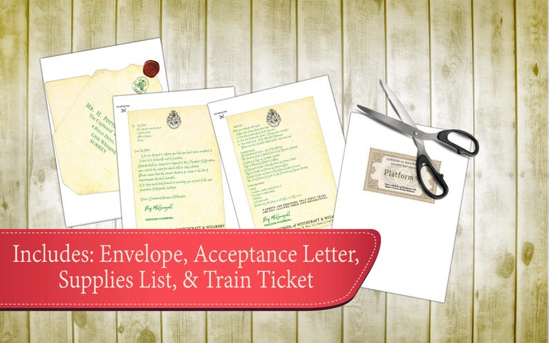 May include: Printable set of Harry Potter themed stationery, including an envelope, acceptance letter, supplies list, and train ticket. The papers are aged and have a vintage look.