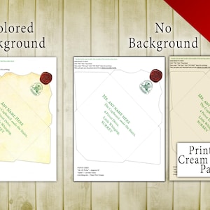 May include: Three printable envelopes with a Hogwarts-themed design. The envelopes are cream colored and feature a wax seal with a crest. The text on the envelopes reads "MR. ANY NAME HERE".
