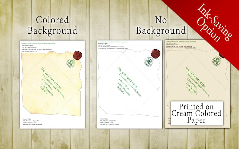 May include: Three printable envelopes with a Hogwarts-themed design. The envelopes are cream colored and feature a wax seal with a crest. The text on the envelopes reads "MR. ANY NAME HERE".