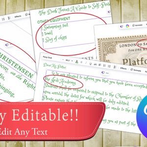 May include: A Canva screen showing a mock-up of a Hogwarts acceptance letter, a train ticket to Sarah's House, and a list of items needed for the Jedi Academy. The text on the screen is fully editable.