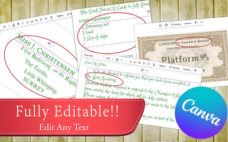 May include: A Canva screen showing a mock-up of a Hogwarts acceptance letter, a train ticket to Sarah's House, and a list of items needed for the Jedi Academy. The text on the screen is fully editable.