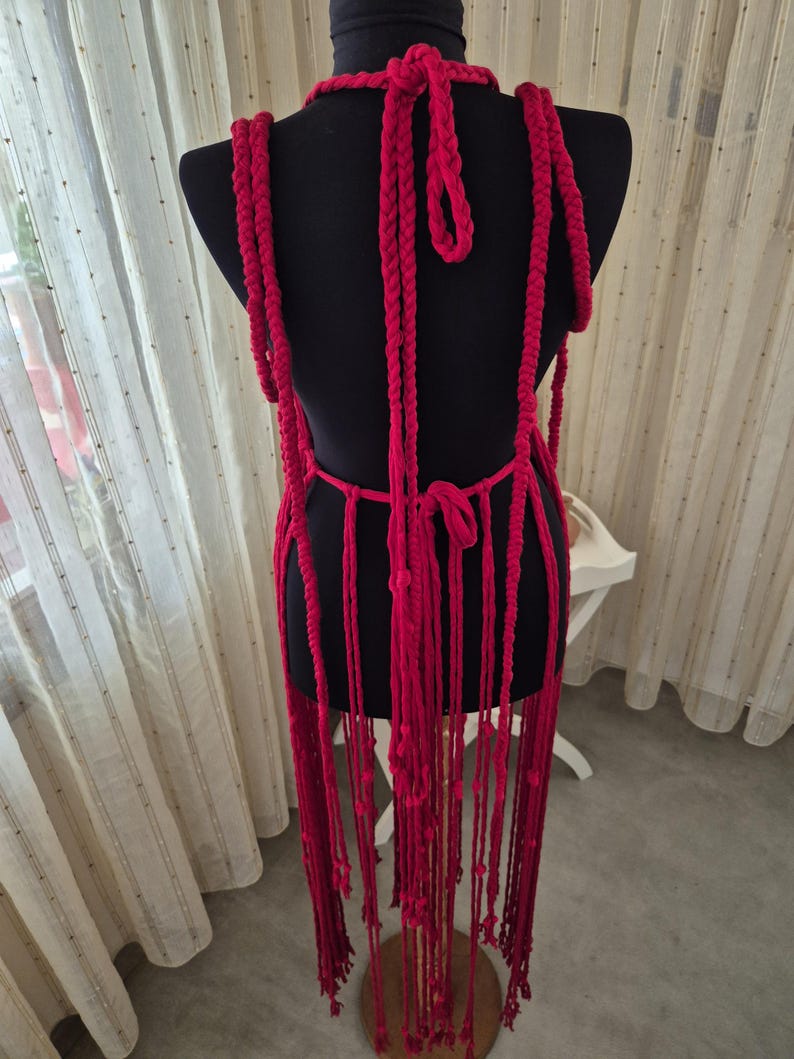 Suspiria Inspired Red Macrame Dress Handmade Gothic Witchy Festival Outfit Adjustable Artistic Clothing image 11