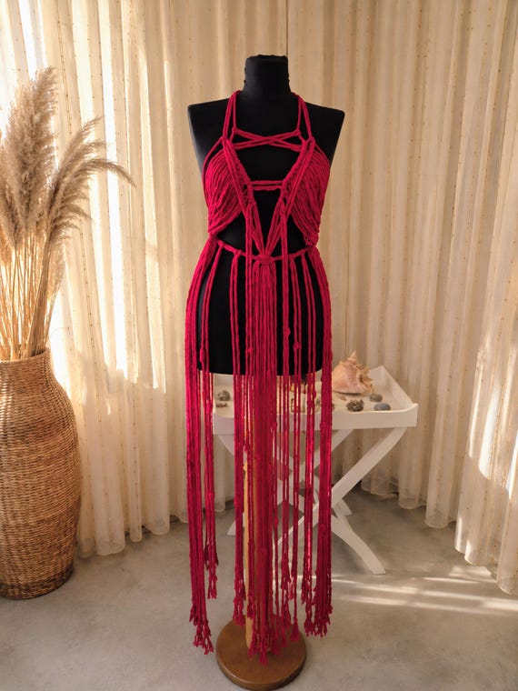 Suspiria Inspired Red Macrame Dress Handmade Gothic Witchy Festival Outfit  Adjustable Artistic Clothing